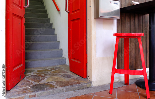vintage red color gate,handrail and seat view