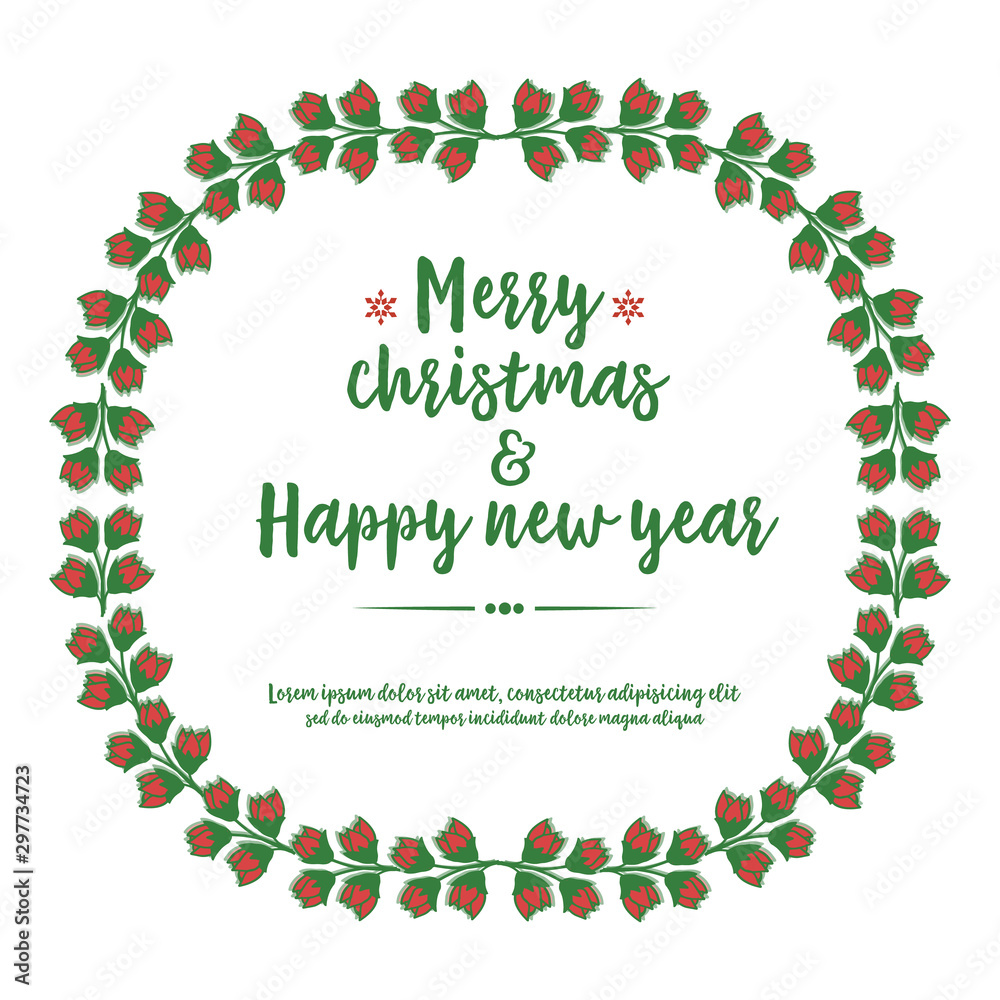 Lettering of merry christmas and happy new year, with decoration of red flower frame elegant. Vector Lettering of merry christmas and happy new year, with decoration of red flower frame elegant. Vector