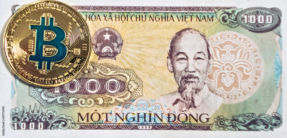 Gold bitcoin coin of vietnam banknote VND Vietnamese Dong