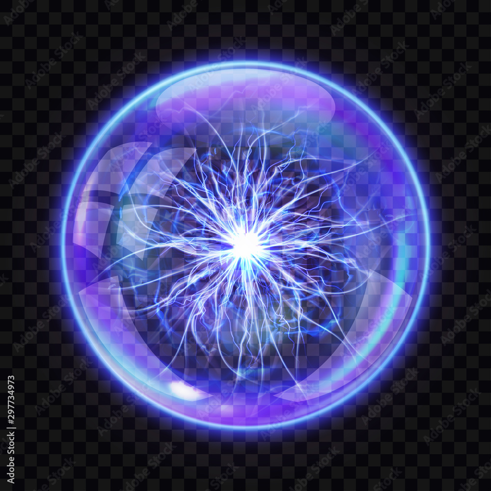 Vecteur Stock Magic ball with electric lightning inside, realistic vector  illustration. Transparent glass or crystal sphere for spiritualistic  sessions with energetic flash isolated on dark transparent background |  Adobe Stock