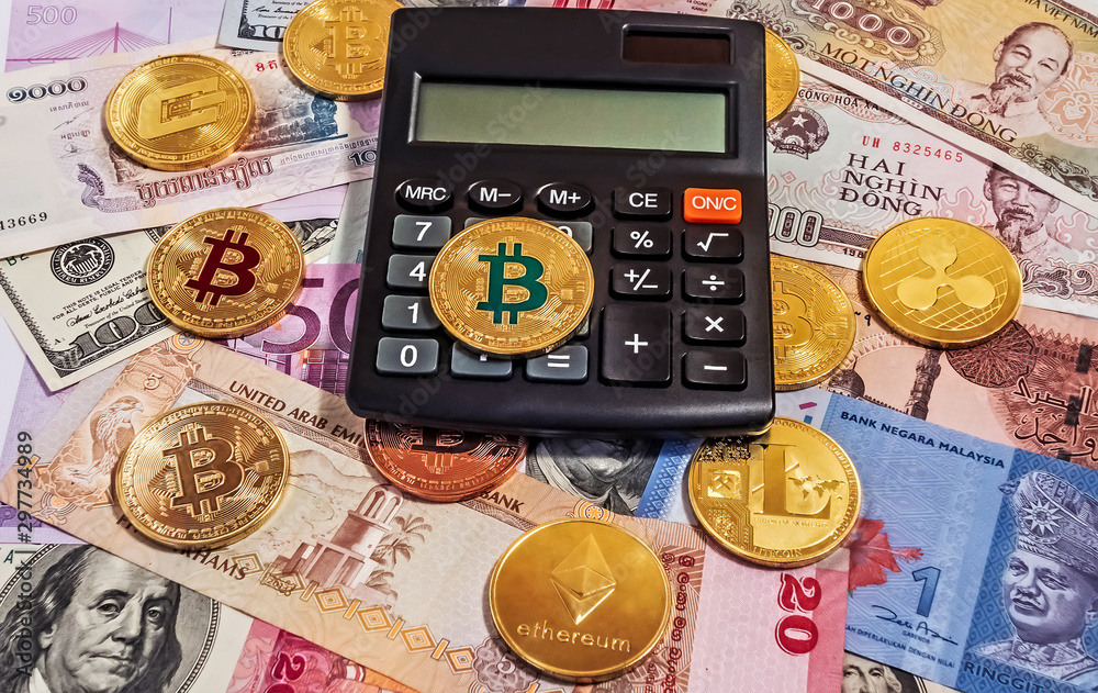 Gold Bitcoin Crypto currency money of banknotes calculator in office BTC  Stock Photo | Adobe Stock