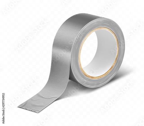 Gray silver duct roll adhesive tape realistic vector illustration isolated on white background. Construction sellotape
