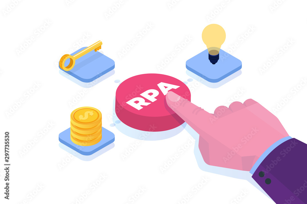 Robotic Process Automation concept. Hand press button with RPA inscription. Vector illustration. Robotic Process Automation concept. Hand press button with RPA inscription. Vector illustration.