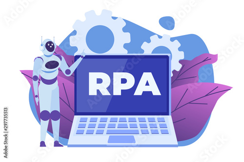 Robotic Process Automation concept, RPA. Robot or Chat bot helps people in  different  tasks. Vector illustration.