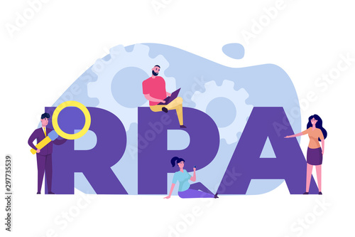 Robotic Process Automation concept. Micro around people RPA inscription. Vector illustration.