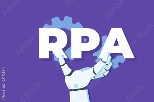 Robotic Process Automation concept. Robot hand holding RPA inscription. Vector illustration.