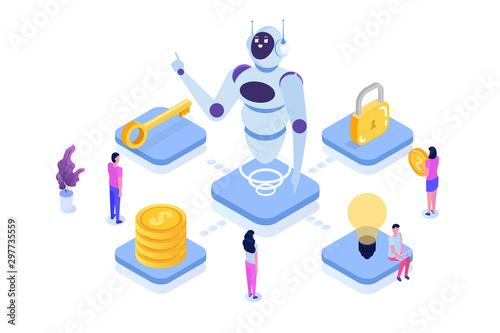 Robotic Process Automation concept, RPA. Robot or Chat bot helps people in different tasks. Vector isometric illustration.