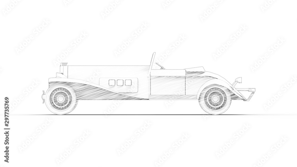 sketch illustration of a vintage roadster car isolated in white background