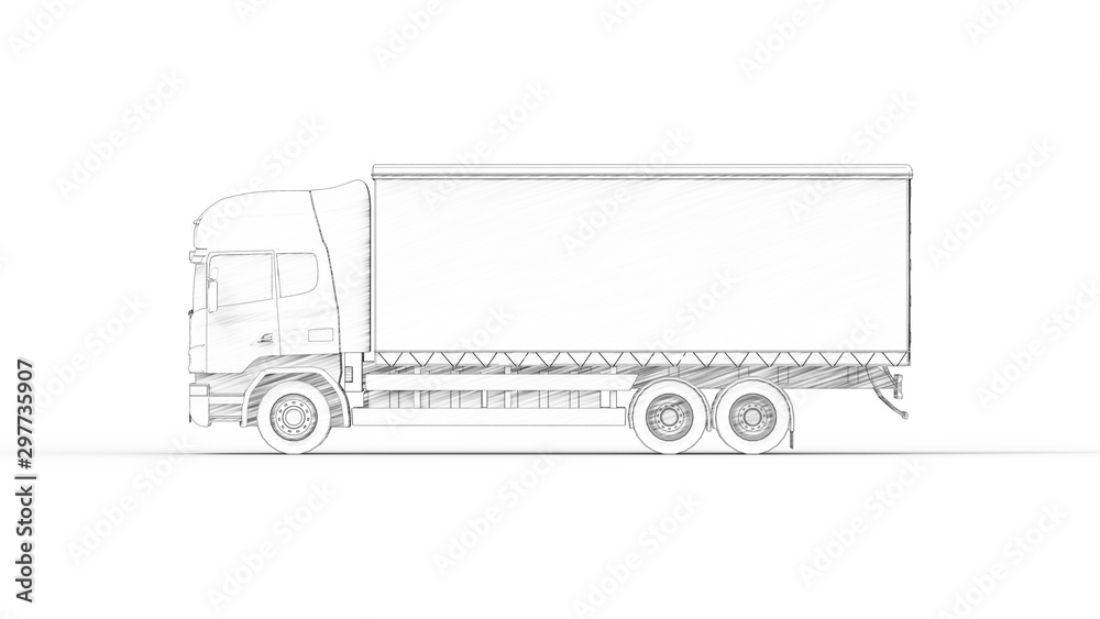 Line illustration of a cargo truck isolated in white studio background