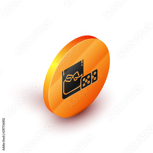 Isometric Game dice and glass of whiskey with ice cubes icon isolated on white background. Casino gambling. Orange circle button. Vector Illustration