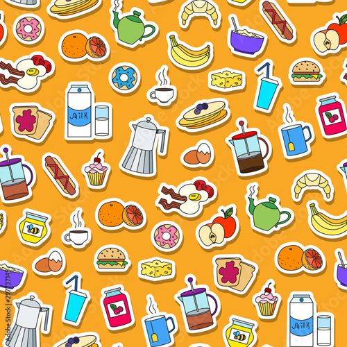 Seamless pattern on Breakfast and food theme, simple color sticker icons on an orange background