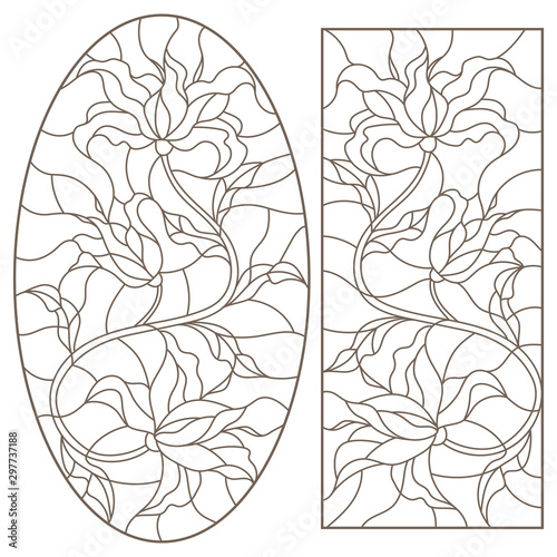 Set of contour illustrations with stained glass flower arrangements, Lily flowers, dark outlines on a white background