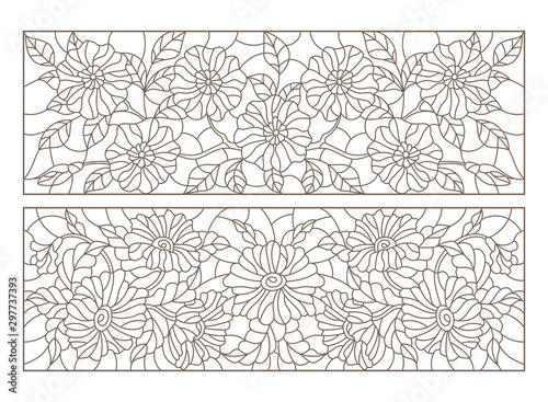 Set of contour illustrations in stained glass style with floral arrangements, dark contours on a white background