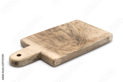 Surface of the old wooden planks kitchen board, isolated on white background