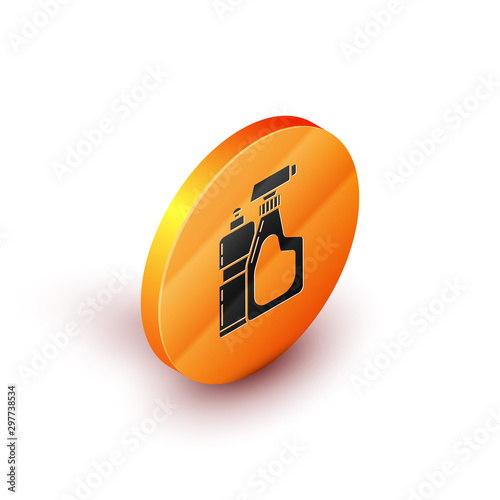 Isometric Plastic bottles for liquid laundry detergent, bleach, dishwashing liquid or another cleaning agent icon isolated on white background. Orange circle button. Vector Illustration