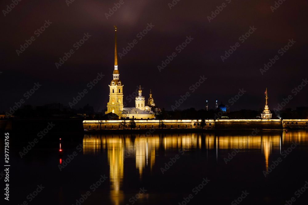 St Petersburg, Russia The Peter and Paul fortress and cathedral at night.