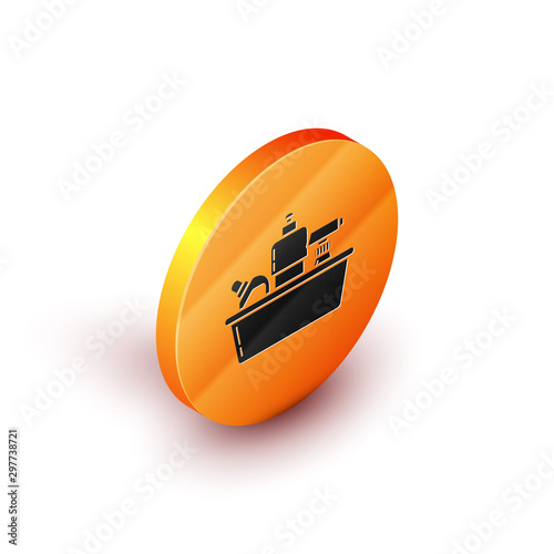 Isometric Plastic bottles for liquid laundry detergent, bleach, dishwashing liquid or another cleaning agent icon isolated on white background. Orange circle button. Vector Illustration