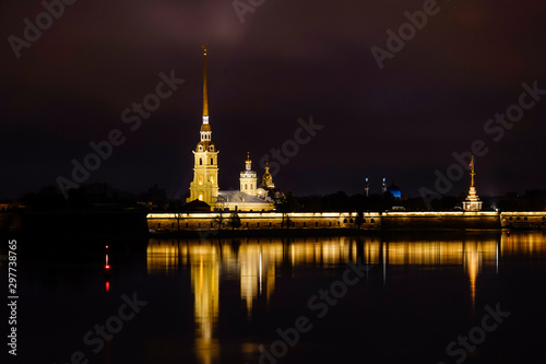 St Petersburg, Russia The Peter and Paul fortress and cathedral at night.