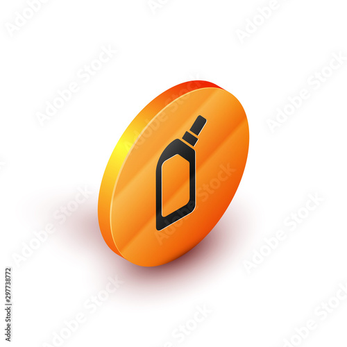Isometric Plastic bottle for liquid laundry detergent, bleach, dishwashing liquid or another cleaning agent icon isolated on white background. Orange circle button. Vector Illustration