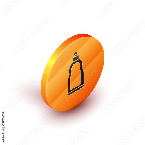 Isometric Plastic bottle for liquid laundry detergent, bleach, dishwashing liquid or another cleaning agent icon isolated on white background. Orange circle button. Vector Illustration