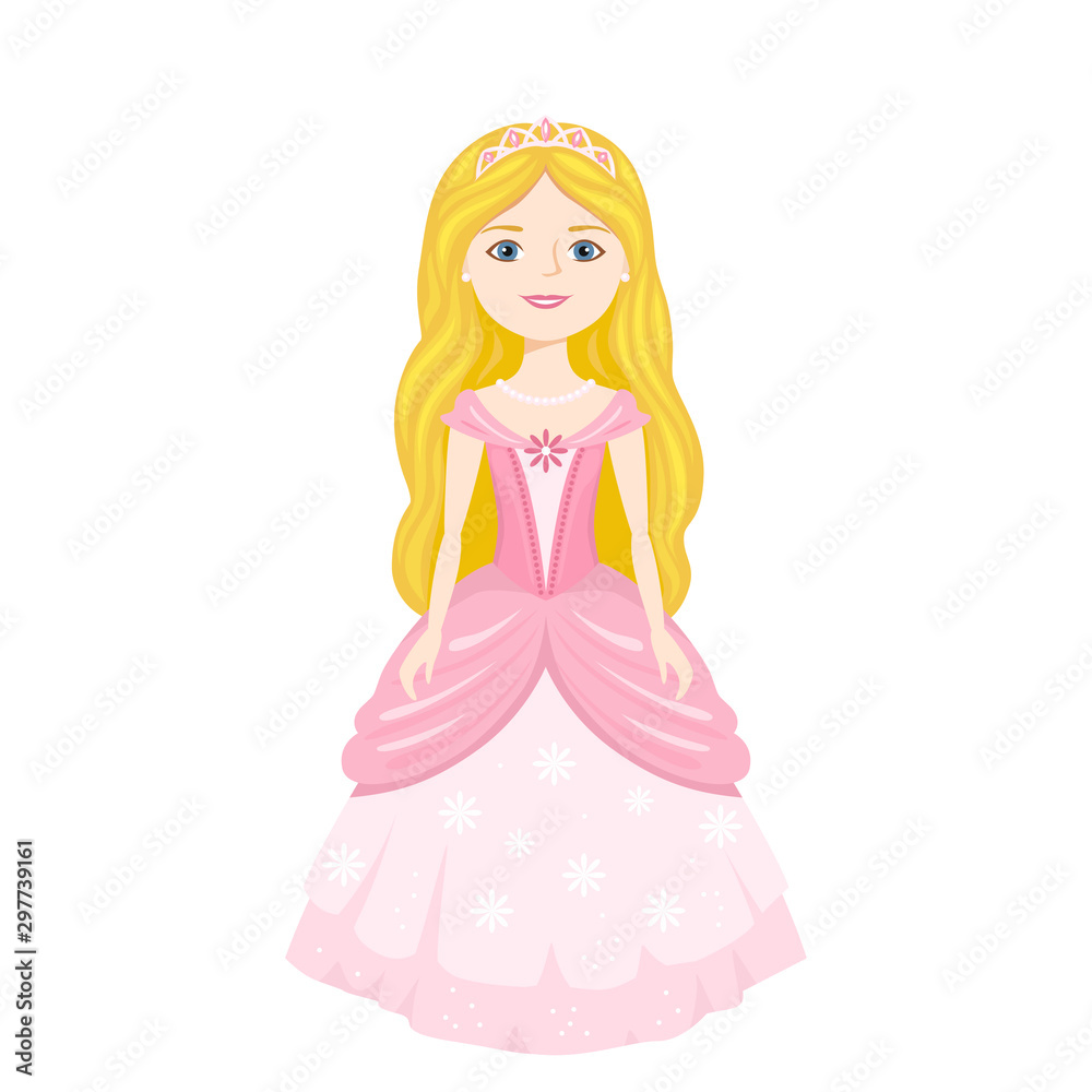 Little princess with long golden hair, crown and pink dress. Beautiful cute  blonde girl isolated on white background. Vector illustration of kid  character in cartoon simple flat style. Stock Vector | Adobe