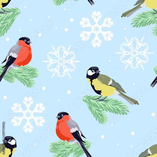 Bullfinches and tits sitting on spruce branches on blue background. Winter seamless pattern with birds, needles and snowflakes. Vector illustration in cartoon simple flat style.