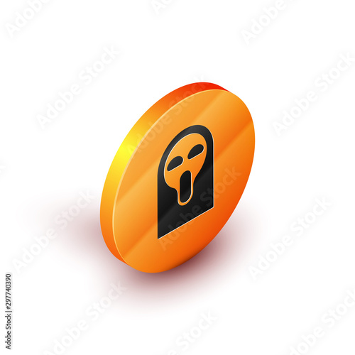 Isometric Funny and scary ghost mask for Halloween icon isolated on white background. Happy Halloween party. Orange circle button. Vector Illustration