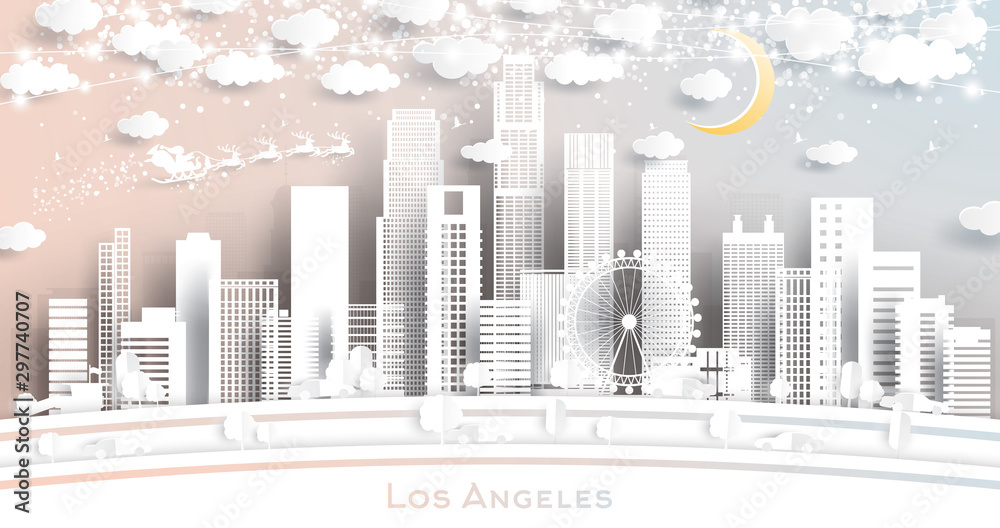 Los Angeles USA City Skyline in Paper Cut Style with Snowflakes, Moon and Neon Garland.