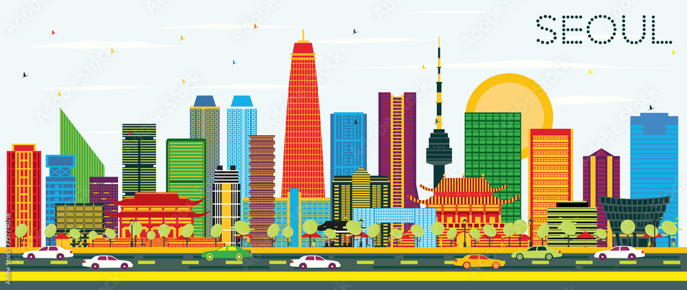 Obraz premium Seoul Korea Skyline with Color Buildings and Blue Sky.