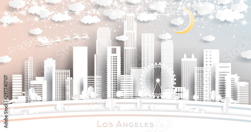 Los Angeles USA City Skyline in Paper Cut Style with Snowflakes  Moon and Neon Garland.