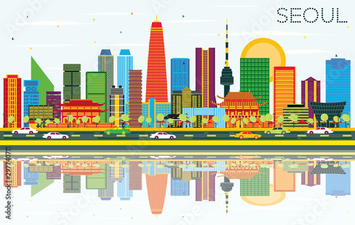 Seoul Korea Skyline with Color Buildings, Blue Sky and Reflections.