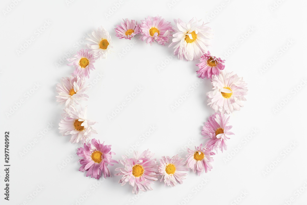 wreath made of flowers. composition pink chrysanthemums on a white background.minimal concept, flat lay, top view. wreath made of flowers. composition pink chrysanthemums on a white background.minimal concept, flat lay, top view.