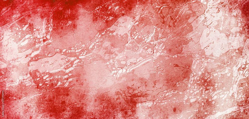 Fototapeta premium Distressed red background with white marbled grunge texture in old vintage wall design with cracks and wrinkled lines