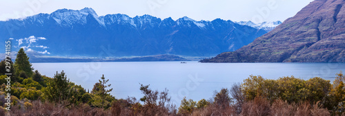 Remarcables mountains over Lake Wakatipu panorama, Queenstown, New Zealand photo