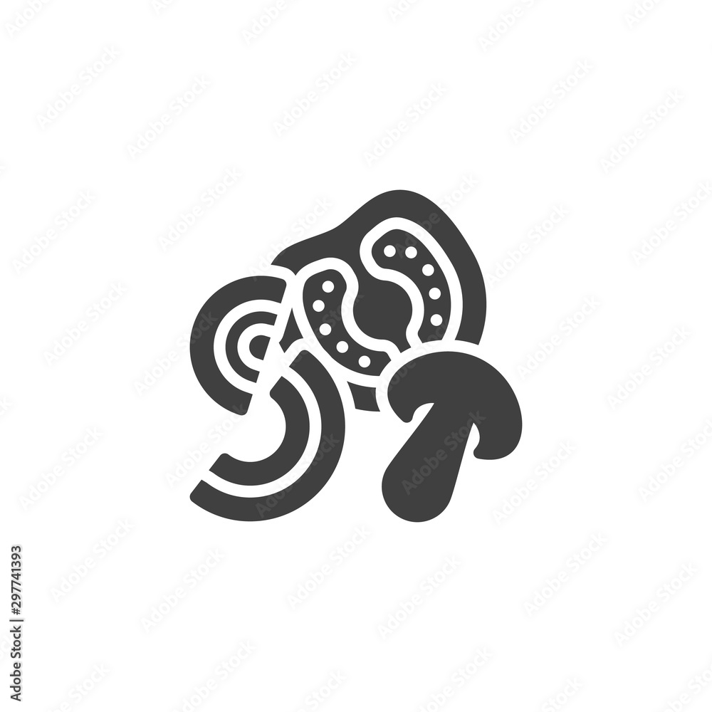 Sliced vegetables vector icon. filled flat sign for mobile concept and web design. Tomato slice with mushroom and onion rings glyph icon. Symbol, logo illustration. Vector graphics