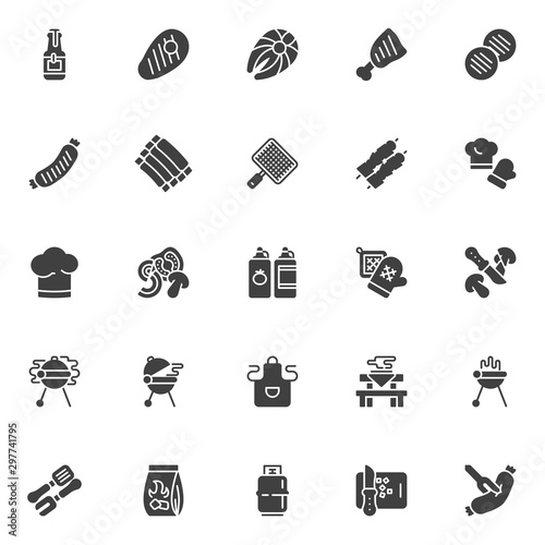 Barbeque grill vector icons set, modern solid symbol collection, filled style pictogram pack. Signs, logo illustration. Set includes icons as BBQ beef steak, roasted sausage, smoked ribs, grilled fish