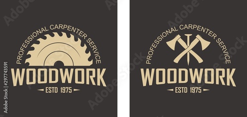 Color illustration logo of a workshop of wooden products. Vector illustration of crossed axes, nail, circular saw and text on a black background