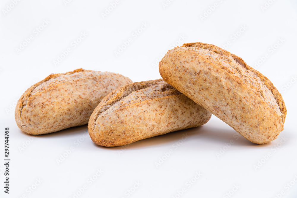 three cereal bread on white background. Food composition three cereal bread on white background. Food composition