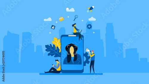 scans the application face with Tiny People Character Concept Vector Illustration, Suitable For web landing page,Wallpaper, Background, Card, banner,Book Illustration
