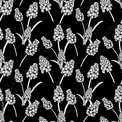 Seamless pattern with realistically painted ink Muscari flowers. Hand drawn illustration on black background modified to digital source for modern disign, print textile, fabric, wrapping paper