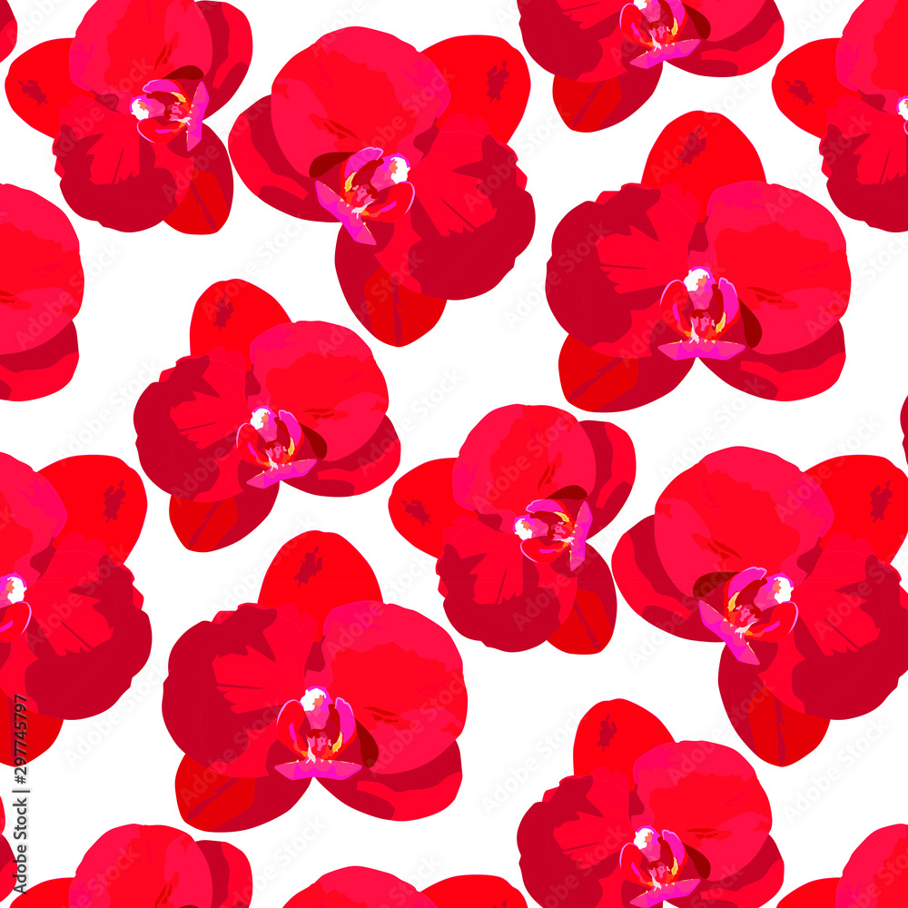 Tropical pattern with red flowers of orchids. Tropic floral wallpaper on a white background. Exotic textile print. Tropical pattern with red flowers of orchids. Tropic floral wallpaper on a white background. Exotic textile print.