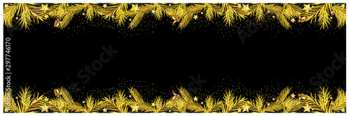 Christmas Banner with Golden Coniferous Twigs and Golden Stars with Golden Confetti on Black Background - Colored Illustration, Vector