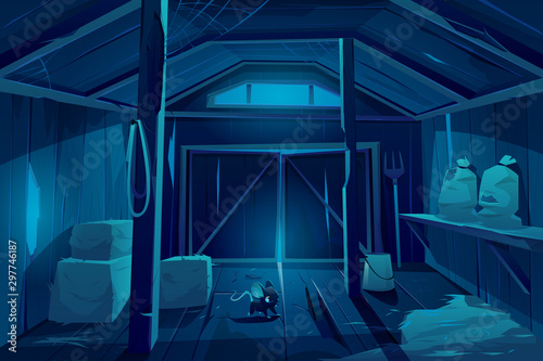 Mouse in farm barn house at night. Fieldmouse rodent in dark wooden ranch interior with haystacks, sacks, fork, huge gate and little window on ceiling, storehouse building. Cartoon vector illustration