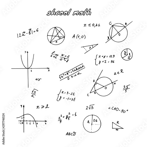 Geometric graphs, algebraic constructions, formulas and figures. School handwritten doodle. Hand drawn vector illustration.