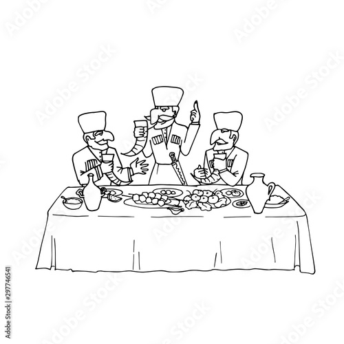 Three mustachioed men in national clothes eat and drink Georgian wine deliciously. Vector illustration of Caucasian traditions. Holiday dinner.