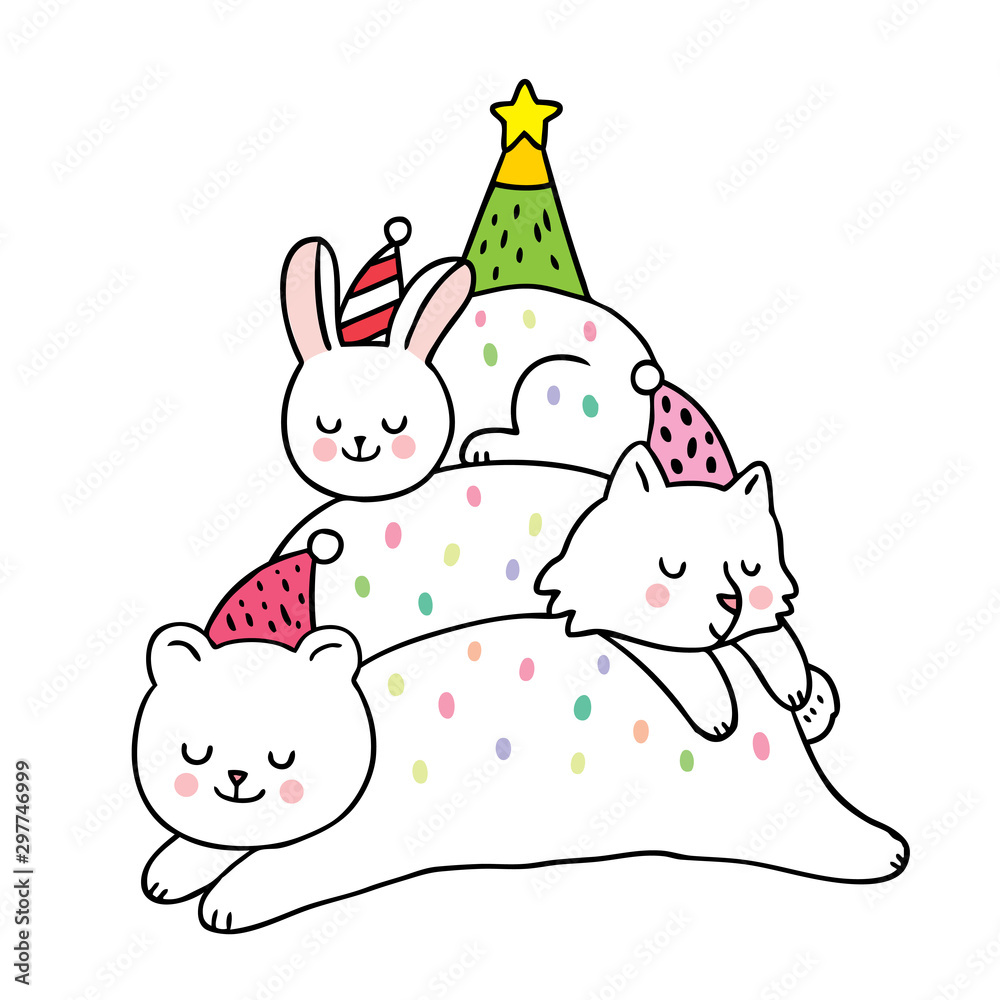 Fototapeta premium Cartoon cute Christmas, Polar bear and rabbit and snow fox sleeping vector.