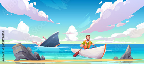 Man escaping from sinking ship after shipwreck accident, vessel run aground in ocean, going under water surface, character in life vest rowing in boat to beach with rocks. Cartoon vector illustration