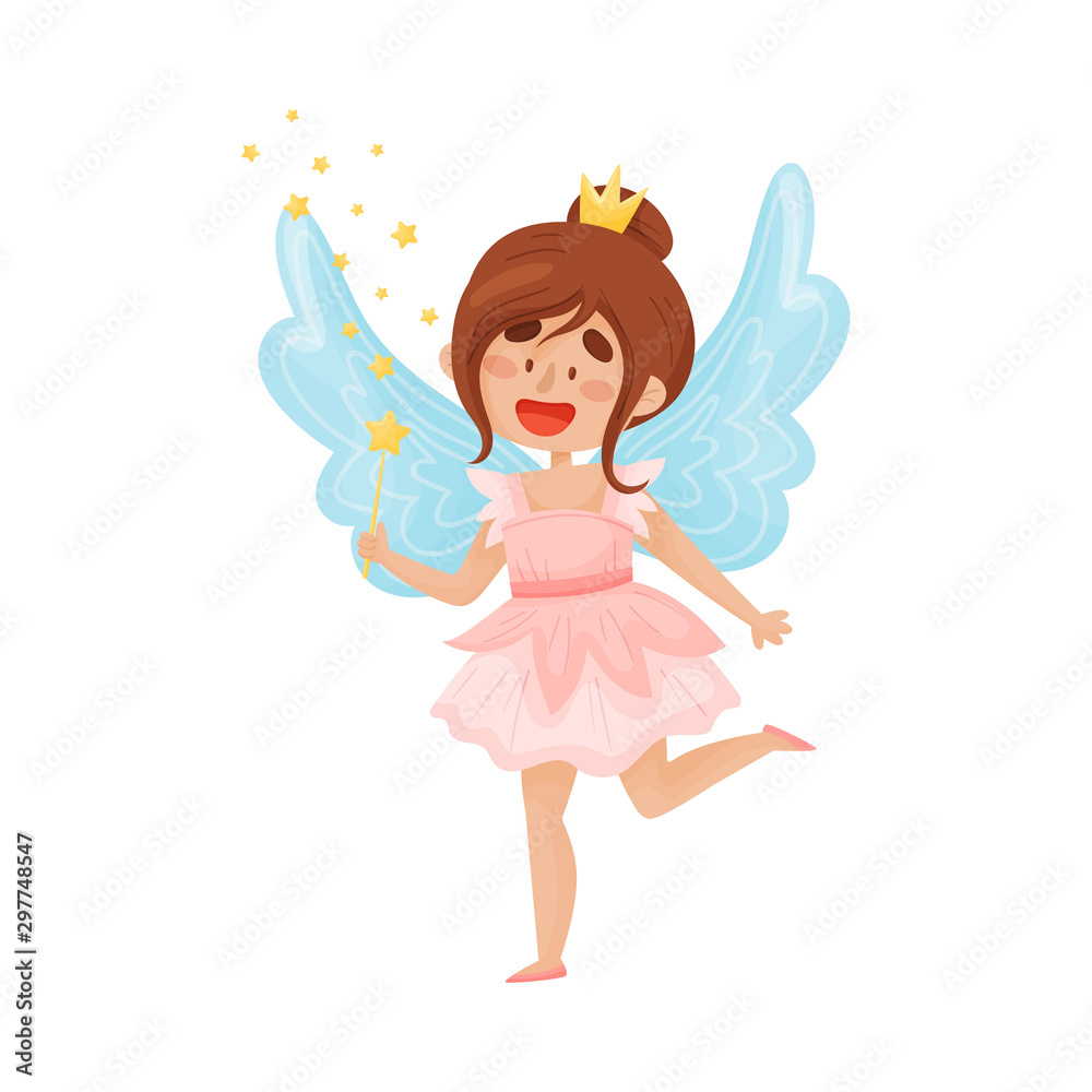 Happy fairy with wings in a pink dress with a crown on her head. Vector illustration on a white background. Happy fairy with wings in a pink dress with a crown on her head. Vector illustration on a white background.