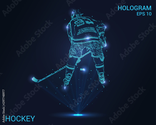 Hologram hockey. Holographic projection of a hockey player. Hockey player rear view.