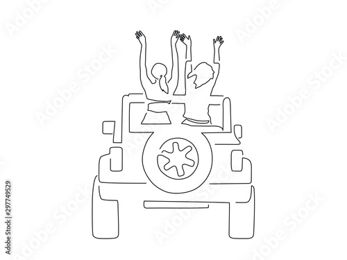 Friends on a car line drawing, vector illustration design. Friends collection.